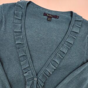 Boden Dark Teal Ruffle V-Neck Cardigan Womens 10 Preppy Feminine Old Money